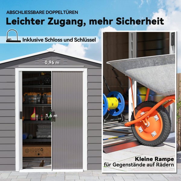 Geräumiges Gartenbeet aus Metall mit Rankgitter, gefüllt mit Erde und blühenden Pflanzen, inklusive Darstellung der Bewässerung und Drainage.
