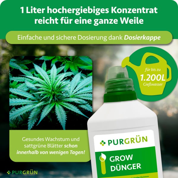 Purgrün Grow Dünger Konzentrat 1 Liter für 1200 Liter Gießwasser mit Dosierkappe für gesundes Wachstum und vitale Blätter. Purgrün Logo.