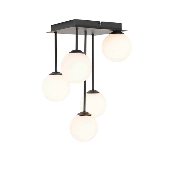Deckenleuchte mit fünf runden, leuchtenden Glaskugeln und schwarzer Halterung