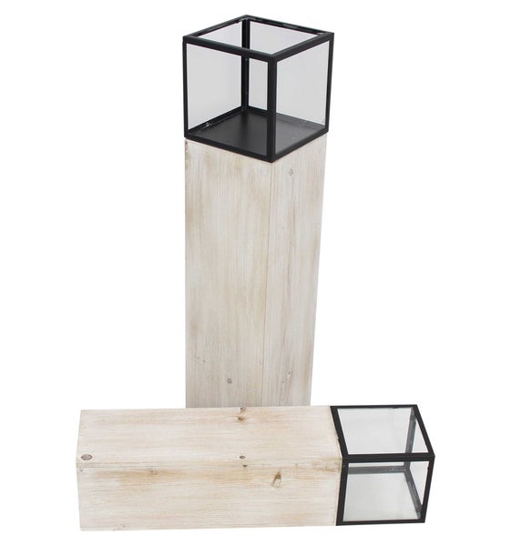 FRANK FLECHTWAREN | Windlichtsäule Modern, 2er Set, METALL, HOLZ, GLAS, 15 x 15 x 60 cm, 18 x 18 x 78 cm