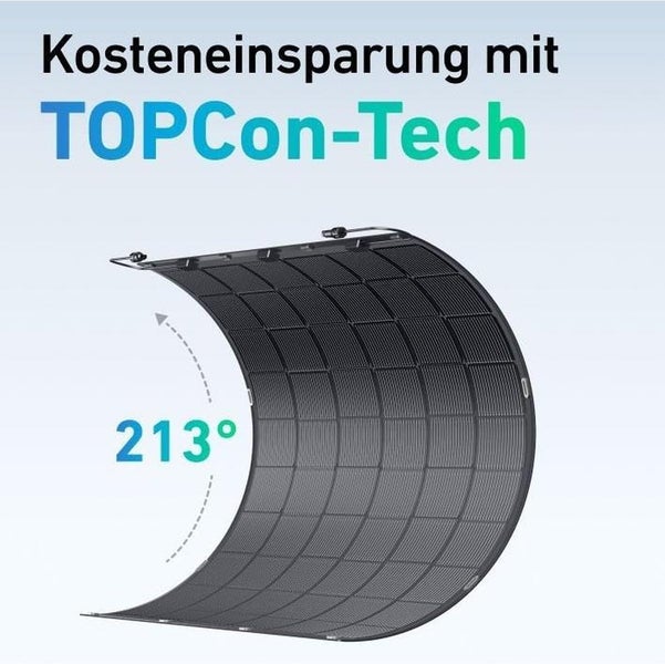 Flexibles Solarmodul mit TOPCon-Technologie zur Kosteneinsparung und Darstellung einer Biegsamkeit von 213 Grad.