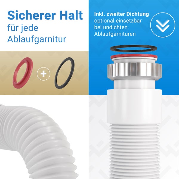 Flexibler Ablaufschlauch mit Metallanschluss und zwei unterschiedlichen Dichtungen für sicheren Halt an Ablaufgarnituren.