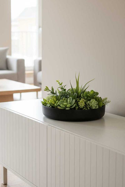 Künstliche Sukkulenten in einer schwarzen Dekoschale auf einem weißen Sideboard in einem hellen Wohnzimmer.