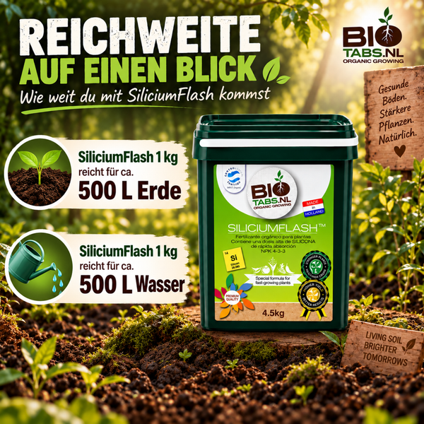 BioTabs SiliciumFlash Pflanzendünger im Eimer mit Reichweitenangaben zur Anwendung mit Erde und Wasser in einer Gartenumgebung.