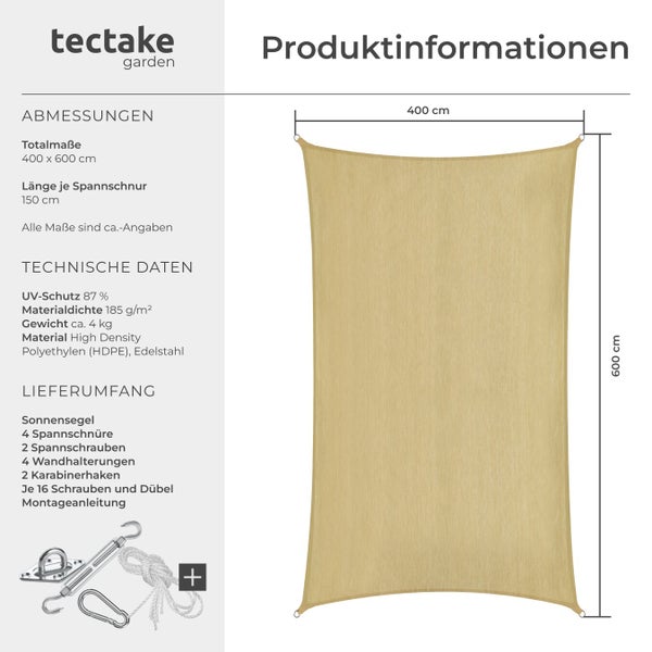 Produktinformationen zum rechteckigen Sonnensegel von tectake garden mit den Maßen 400 x 600 cm und Zubehör