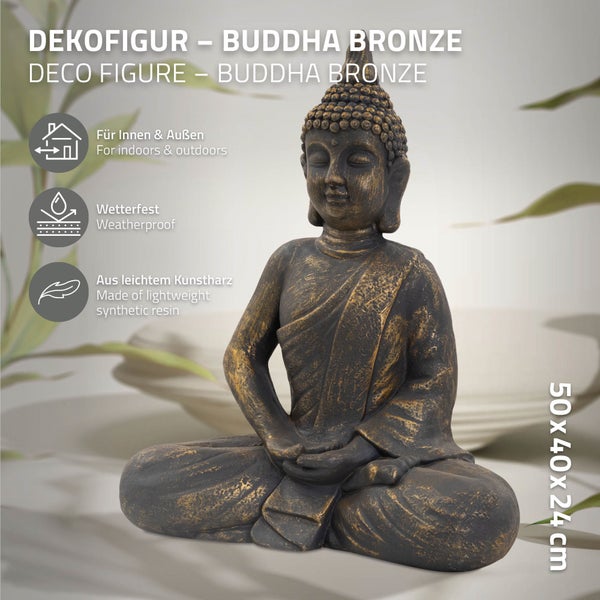 ECD Germany Buddha Figur sitzend, 50cm hoch, aus wetterfestem Polyresin, Bronze, Feng Shui, Buddha Statue als Dekoration für Haus, Wohnung & Garten Gartenfigur Dekofigur, Skulptur für Innen und Außen