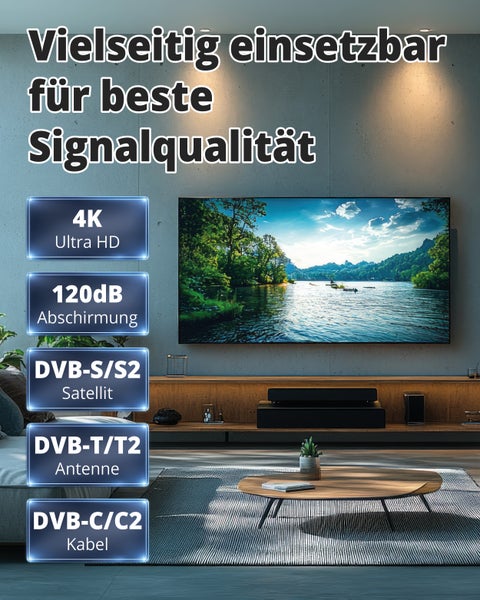 Wandmontierter 4K Ultra HD Fernseher in einem modernen Wohnzimmer mit Infografik zu Signalqualität und Empfangsstandards wie DVB S S2 T T2 und C C2