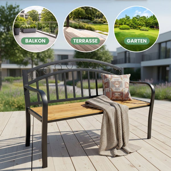Gartenbank aus Metall und Holz auf einer Terrasse, geeignet für Balkon, Terrasse und Garten.