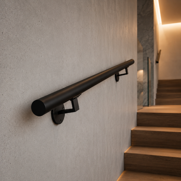 Wandmontierter schwarzer Handlauf an einer modernen Treppe mit Holzstufen und strukturierter Wand.
