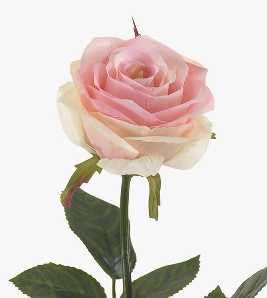 Künstliche Rose in Rosa und Creme mit grünem Stiel und Blättern.