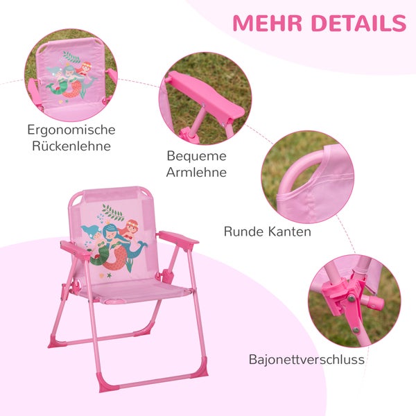 Outsunny 4tlg. Kindersitzgruppe, Gartentisch mit 2 Klappstühle, für 3-6 Jahre, Ø49,5 x 50H cm, Metall, Polyester, Rosa