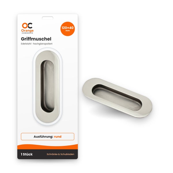 Orange Commerce Griffmuschel aus hochglanzpoliertem Edelstahl 120 mal 40 Millimeter für Schränke und Schubladen