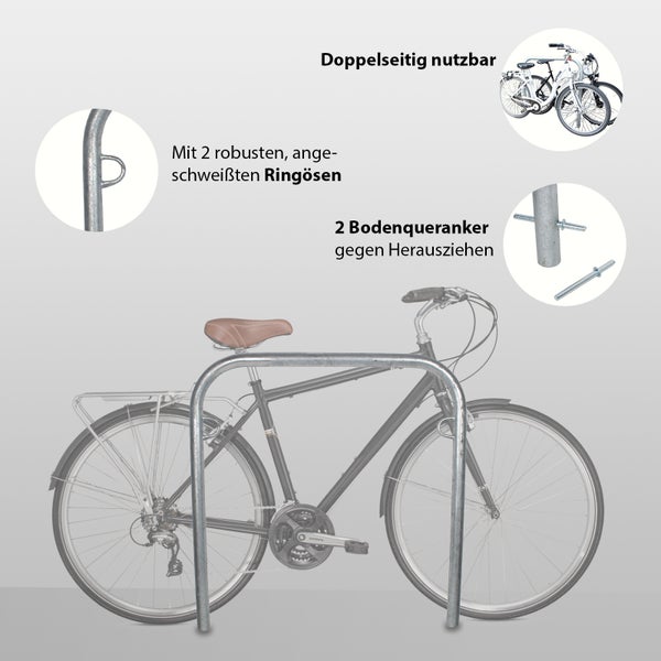 Fahrradparker zur doppelten Nutzung mit Bodenverankerung und angeschweißten Ringösen