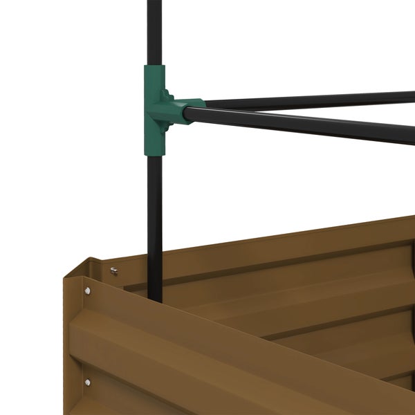 Hochbeet aus Holz mit Rankhilfe und Kletterpflanzen auf einer Holzterrasse neben einer Pergola und Gartenmöbeln.