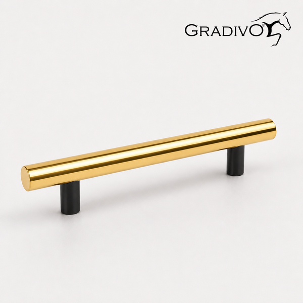 Möbelgriff, zylindrische Stange, gold mit schwarzen Stützen. Gradivo Logo.