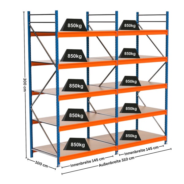 Belastbares Schwerlastregal mit mehreren Ebenen zur Lagerung von Lasten bis 850 Kilogramm