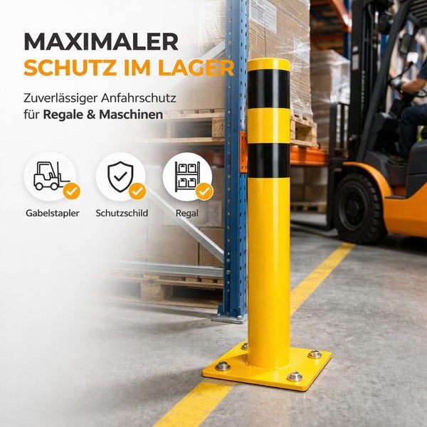 Gelber Rammschutzpoller aus Stahl mit schwarzen Streifen im Lagerhaus zum Schutz von Regalen vor Gabelstaplern.