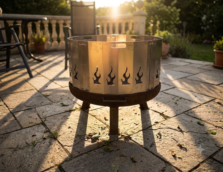 Runde Feuerschale aus Metall mit abnehmbarem Funkenschutz in Flammenoptik auf einer Steinterrasse im Garten bei Sonnenuntergang.