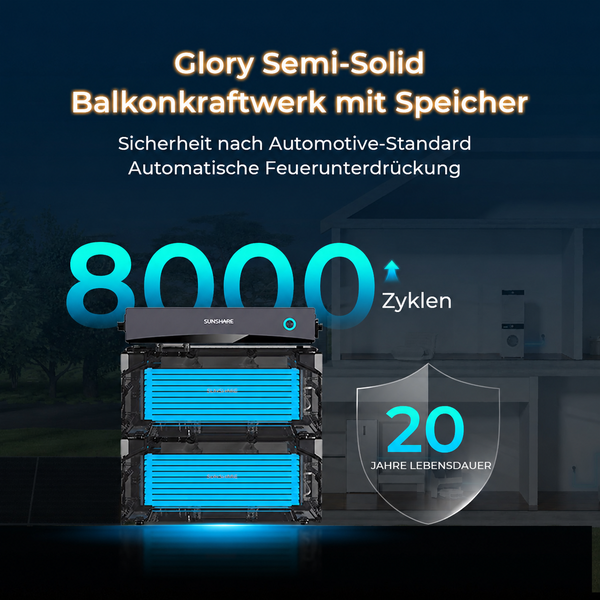 Glory Semi Solid Balkonkraftwerk mit Speicher von Sunshare, 8000 Zyklen, automatische Feuerunterdrückung und 20 Jahre Lebensdauer.