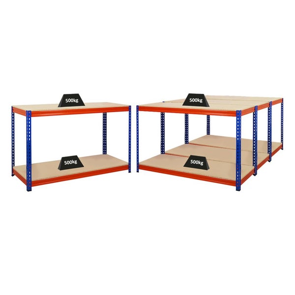 PROREGAL Mega Deal 4x Profi Werkbank STRONG BEAST, HxBxT 90x150x60cm mit Fachlast 500kg, 2 Ebenen, Blau-Orange