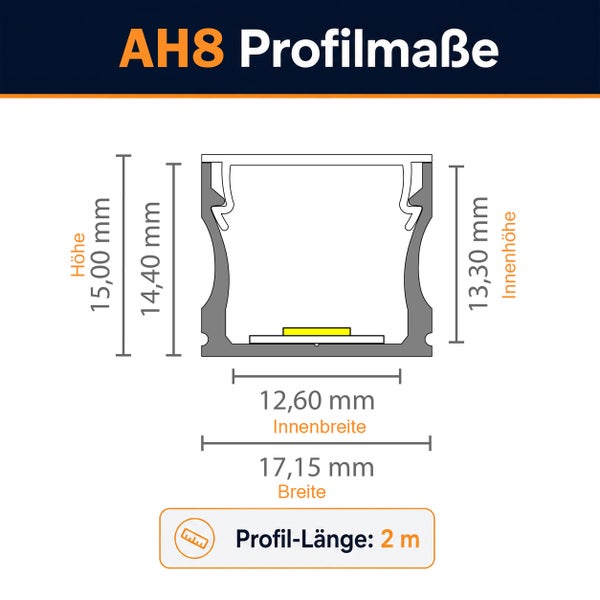 Technische Zeichnung der Profilmaße des LED Aluminium Profils AH8 mit Angaben zu Breite, Höhe und Innenmaßen sowie einer Profillänge von 2 Meter.