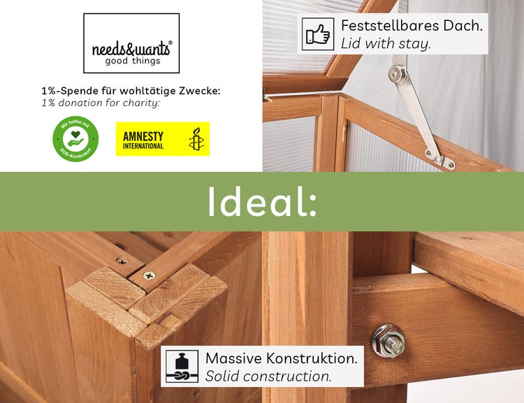 needs&wants® Großes Hochbeet mit Frühbeet-Aufsatz Abdeckung aus Holz für Garten Balkon, Pflanzbeet mit Gewächshaus Frühbeetkasten mit Deckel Dach Haube Ablage Pflanzkasten, 90 x 60 x 118 cm, braun