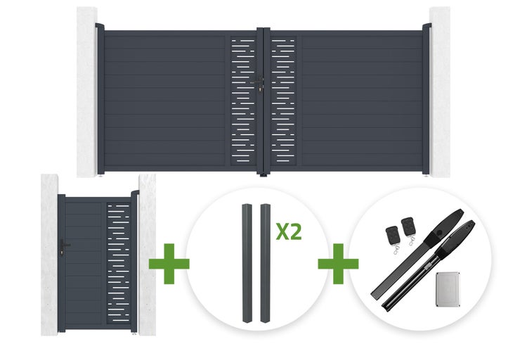 Einfahrtstor-Set mit zweiflügeligem Tor, Gartentür, zwei Pfosten und elektrischem Drehtorantrieb inklusive Handsendern in Anthrazit.