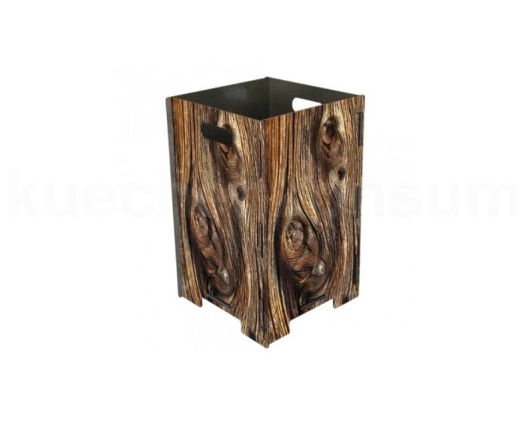 Quadratischer Aufbewahrungsbehaelter mit Holzoptik Muster und Griffaussparungen