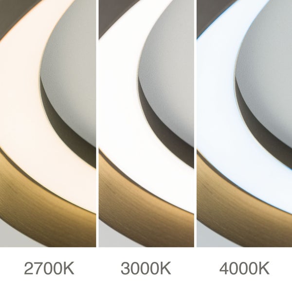 Nahaufnahme einer Leuchte mit unterschiedlichen Farbtemperaturen: 2700K, 3000K und 4000K.