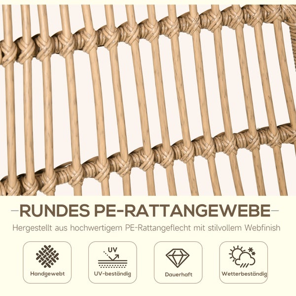 Detail von rundem Polyethylen-Rattangeflecht. Symbole für handgewebt, ultraviolettbeständig, dauerhaft und wetterbeständig.