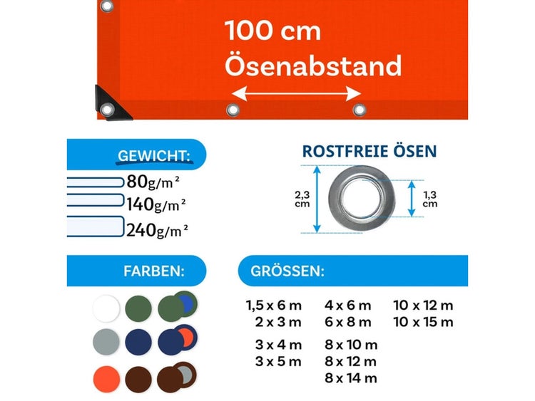 FLOORDIREKT Abdeckplane - Wasserdichte Plane - mit Ösen - Schutzplane - 240 g/m² - 3 x 5 m - Orange