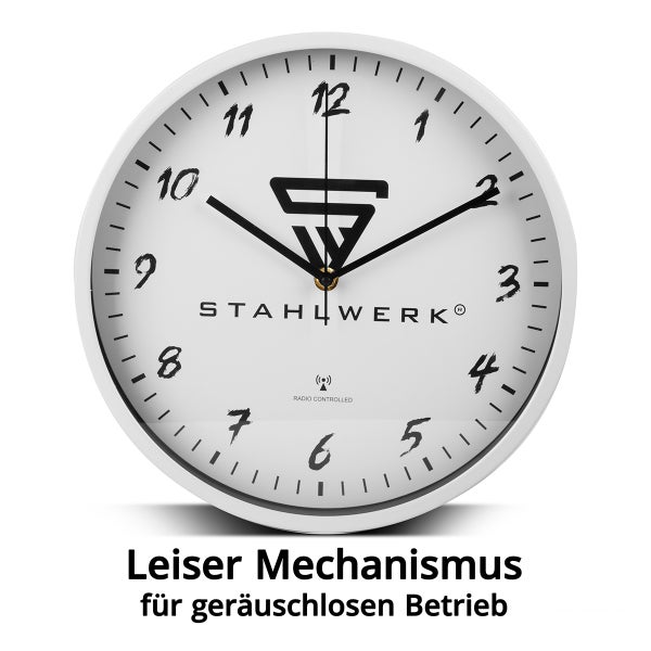 Wanduhr 30 cm weiße Werkstattuhr mit Aluminium-Gehäuse RCC-Uhrwerk