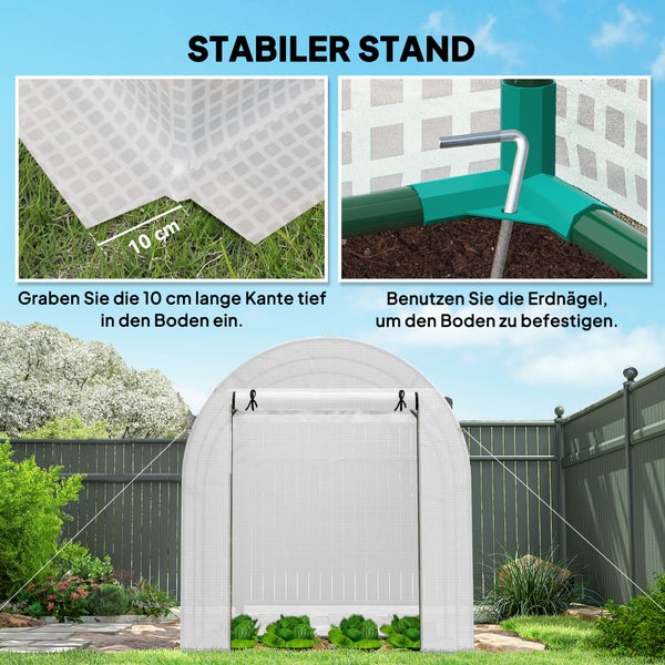 Montageanleitung für ein stabiles Gewächshaus mit 10 Zentimeter Bodenkante zum Eingraben und Erdnägeln zur sicheren Befestigung im Garten.