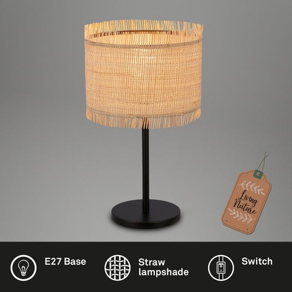 Briloner Borra Tischlampe, Strohschirm, Kabelschalter, Boho-Stil, E27 Fassung, Natur, Ø25 x 43,5 cm