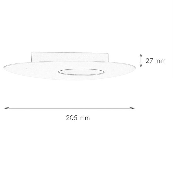 Technische Zeichnung einer Deckenleuchte mit den Maßen 205 mm Länge und 27 mm Höhe.