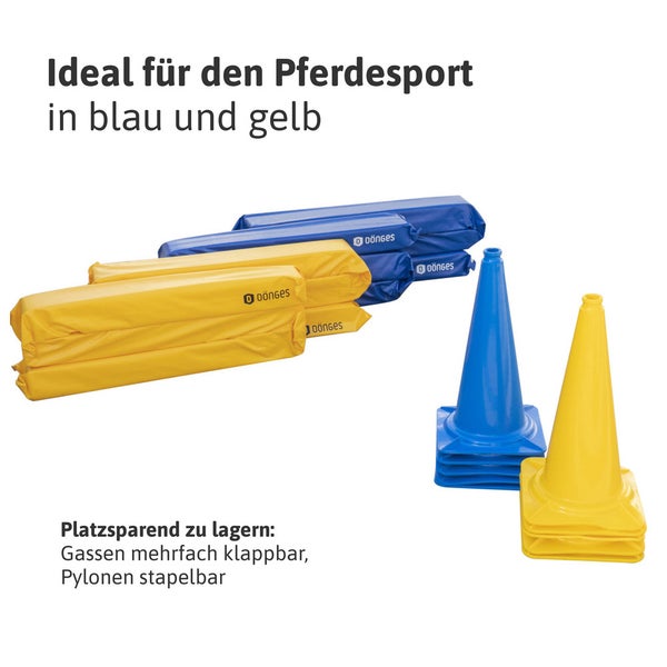 Dönges Set für den Pferdesport mit klappbaren Gassen und stapelbaren Pylonen in Blau und Gelb. Dönges Logo.
