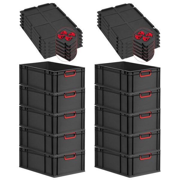 PROREGAL SparSet 10x Eurobox NextGen Color mit Auflagedeckel und Schiebeschnappverschlüsse, HxBxT 22x40x60cm, 44 Liter, Schwarz, Griffe rot geschlossen, Verstärkter Boden, Eurobehälter, Transportbox, Transportbehälter, Stapelbehälter