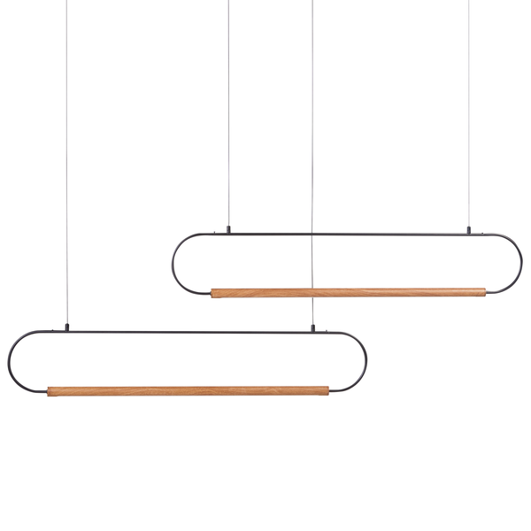 Zwei ovale Pendelleuchten mit Holzdetails