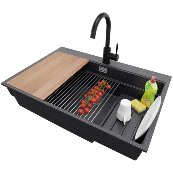 PRIMAGRAN Granitspüle Anthrazit 78x53cm, Spülbecken 1 Becken + Küchenarmatur 32x20cm + Ablauf-Set + Küchenzubehörset, Küchenspüle ab 80er Unterschrank - Oslo Max