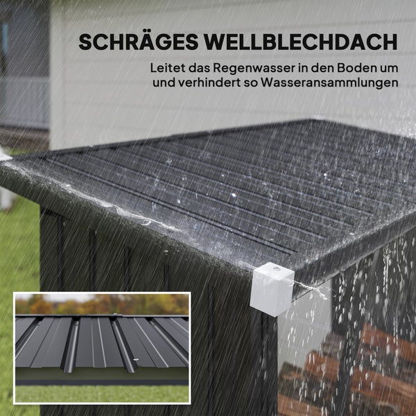 Schräges Wellblechdach leitet Regenwasser ab und verhindert Wasseransammlungen.