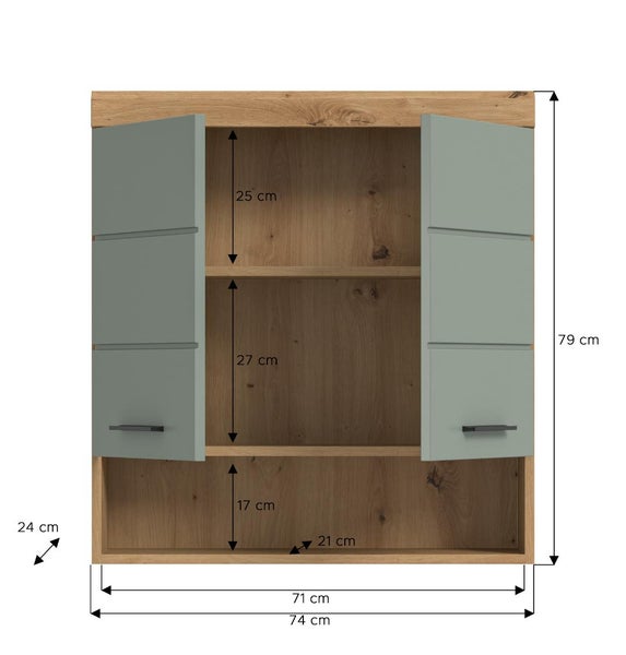 Holz-Wandschrank mit zwei grünen Türen und offenem Fach. Maße: 74 Zentimeter Breite, 79 Zentimeter Höhe, 24 Zentimeter Tiefe.