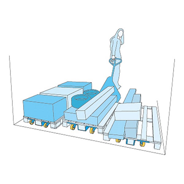 Illustration einer Person, die eine Palette mit Kisten und Baumaterialien mit einem Hubwagen bewegt.