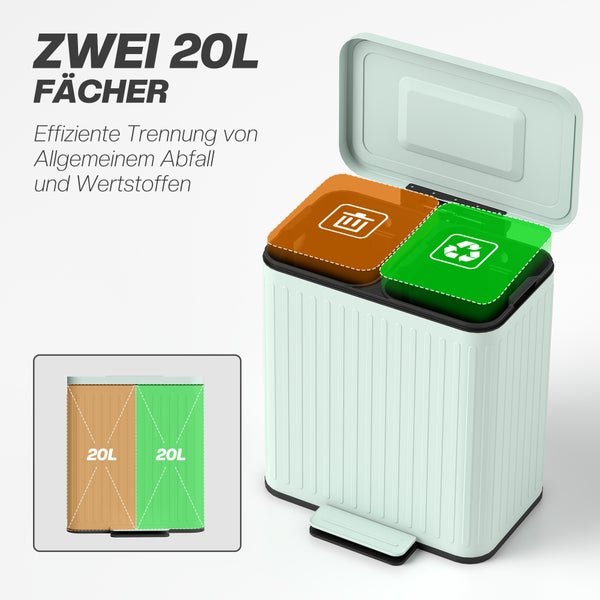 Geöffneter Tret-Mülleimer zur Mülltrennung mit zwei 20 Liter Fächern für allgemeinen Abfall und Wertstoffe.