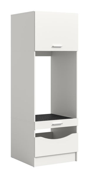 Weißer Hochschrank für Einbaugeräte in der Küche mit Oberschrank, einer schmalen Schublade und einem hohen Auszug.