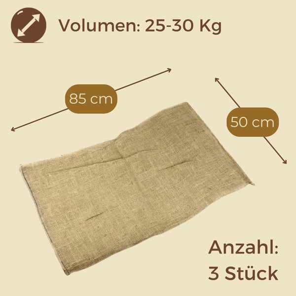 Drei Jutesäcke mit einem Volumen von 25 bis 30 Kilogramm und einer Größe von 85 mal 50 Zentimeter