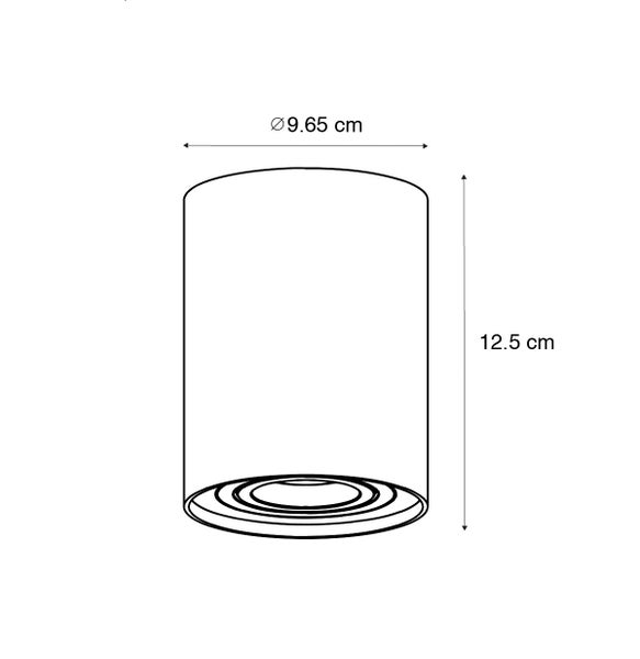 Technische Zeichnung einer Deckenleuchte mit den Maßen 9,65 cm Durchmesser und 12,5 cm Höhe