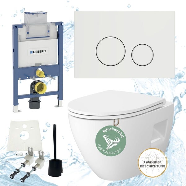 Lieferumfang: Geberit Vorwandelement, HGM Bad Hänge-WC, Toilettendeckel, Betätigungsplatte, Befestigungsmaterial, Montagewinkel, WC-Bürste, HSI Expert Komplettset