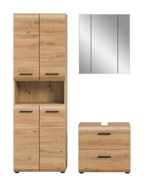 Badezimmermöbel-Set in Eichenoptik bestehend aus Hochschrank, Spiegelschrank und Waschbeckenunterschrank.