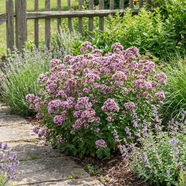 Blühender Oregano Origanum vulgare mit rosa Blütenbüscheln an einem Gartenweg aus Steinplatten vor einem Holzzaun.