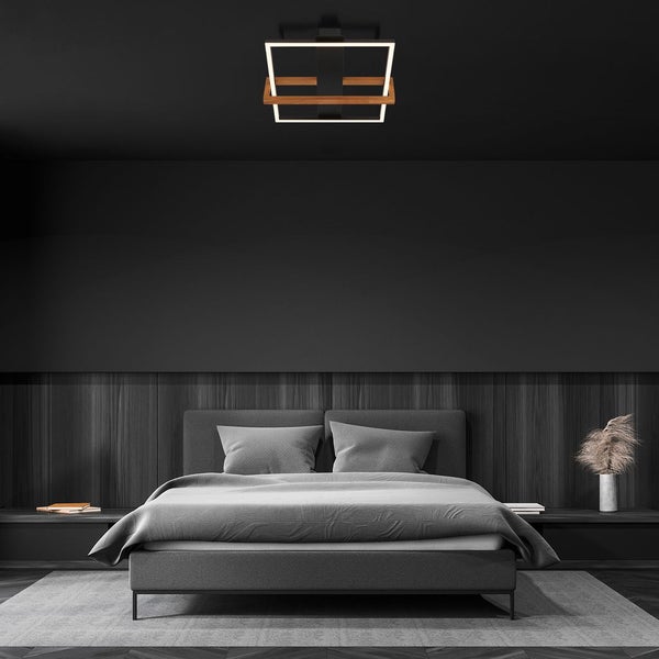 LED ceiling light, black, with wood, LED/14W